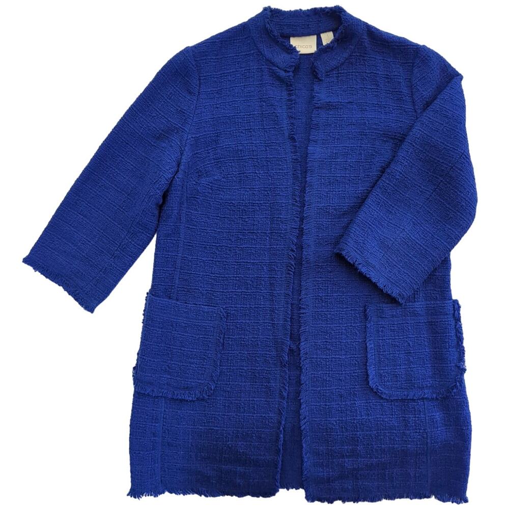 Chico's Blue Textured Tweed Open Front 3/4 Slv Tunic Jacket Chico's Size 1 US 8